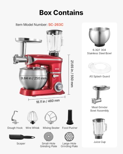 Image of VEVOR 6.3 Qt 3-in-1 Tilt Head Stand Mixer 400W Electric Dough Mixer, Multifunctional Food Kitchen Mixer with Stainless Steel Bowl, Meat Grinder and Blender Attachments, Dough Hook, Whisk, Beater