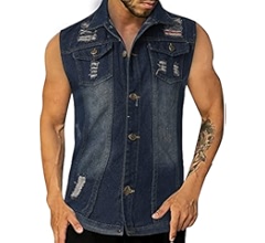 【SCENERITY】Destroyed Denim Vest ZYXTIM Denim Vest for Men Vintage Sleeveless Stretchy