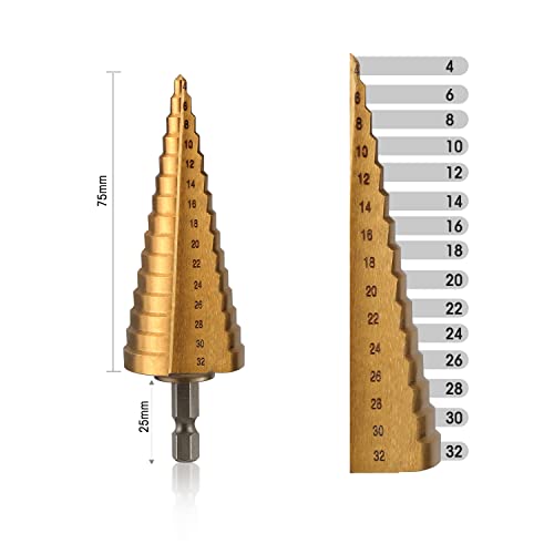 Workpro 3-Piece Step Drill Bit Set, 1/4" Hex Shank Quick Change High Speed Steel Titanium Coated Drill Bits For Plastic, Sheet Metal, Aluminum Hole Drilling, Well-Organized Bag Included,Metric #TOP1