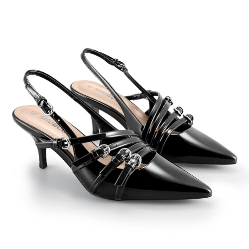 Slingback Kitten Heels for Women Pointed Closed Toe Pumps Multi-Buckle Strappy Shoes
