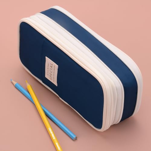 Image of Large Capacity Big Special Cute Aesthetic Preppy Canvas Pencil Case Organizer Holder Pouch Bag with Zipper Compartments, Pen Cases for Women Girls School Adults (Navy)