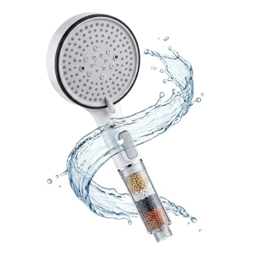 Pommeau de Douche Anti-Calcaire Blanc à Billes, 5 Modes de Jets, Filtration Calcaire, Modèle Universel, Léger et Esthétique pour Salle de Bain VILOZ