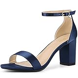 Perphy Open Toe High Heel Ankle Strap Satin Navy Blue Block Heels Sandals for Women 8 M US