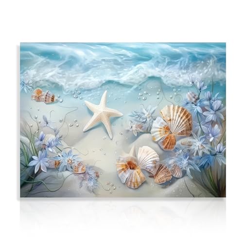 Dazzlewall Ocean Waves Canvas Wall Art Sea Shells and Starfish Picture Coastal Beach Print Poster for Bathroom Bedroom Living Room 12x16 in Unframed