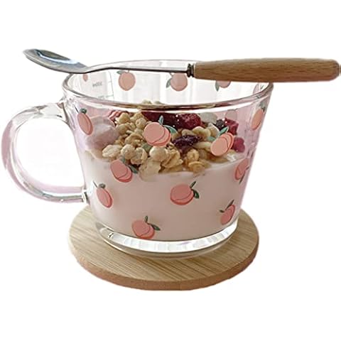 yaocoral 12 OZ Kawaii Mug Peach Glass Cup with Measurements,Glass Coffee Mug Cup with Handle for Coffee,Latte,Juice,Milk,Yogurt,Dessert,Tea,Breakfast Oatmeal Cup Cover