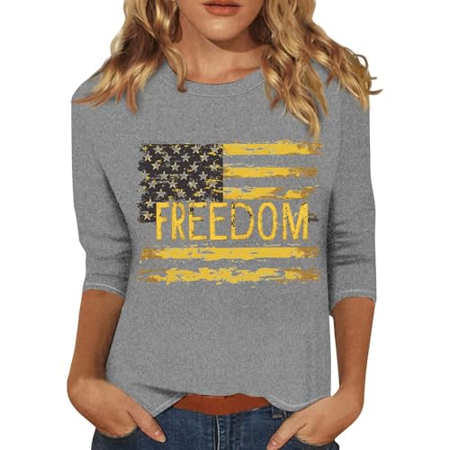 Women 3/4 Sleeve Patriotic Flag Printed Blouse 250th Anniversary USA Casual Shirts America 250 Round Neck Tops