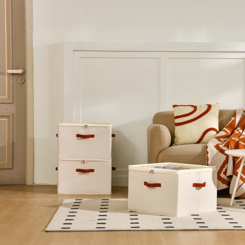 Image of INSTY Shoe Organizer for Closet, 2 Pack Foldable Shoe Storage Containers, Fits up to 16-32 Pairs, Adjustable Dividers for Shoe Organizer, Fabric Shoe Storage Bins with Clear Cover, Beige