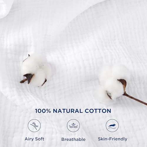 Bedsure 100% Cotton Muslin Blanket Queen Size for Bed - 4-Layer Breathable and Lightweight Thin Soft Summer Gauze Muslin Blankets for Adults, White, 90x90 Inches