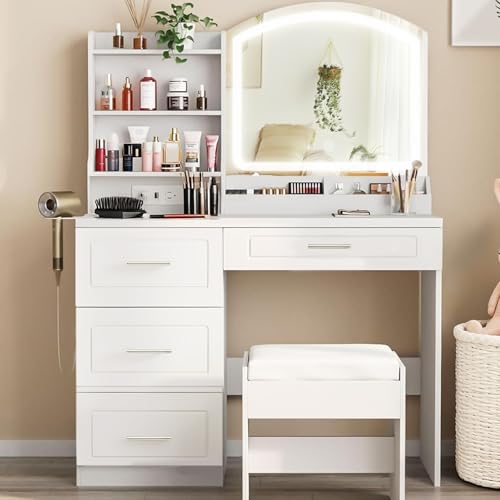 Catálogo de Juegos de tocador - 5 favoritos. 45 BRO A SIS Tocador con Espejo LED Arqueado y Taburete para Tocador, Vanity de Maquillaje con Estante Lateral - Juego Completo para Recámara, Ideal Regalo de San Valentín (Blanco)