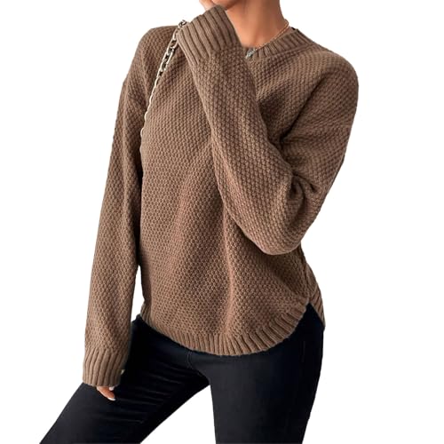 Suéter de punto informal con dobladillo de arco acanalado para mujer, suéter de punto Y2K, adecuado para ir de compras al aire libre, suéteres lisos de estilo simple, marrón, M
