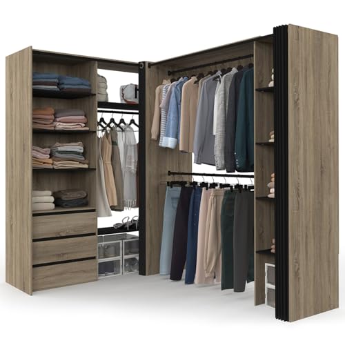 IDMarket - Dressing extensible d'angle MARLON 200 x 150 x 180 cm hêtre avec penderies + tiroirs + étagères + rideaux noirs