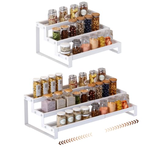 Expandable-Spice-Rack-Organizer-For-Cabinet, Tiered Spice Organization | 3 Tier Seasoning Organizer Rack For Cabinet Pantry Countertop, Adjustable Metal Kitchen Spice Shelf Spice Holder For Cupboard