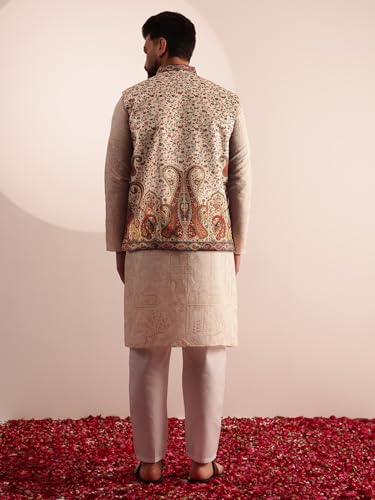 Image of SOJANYA Men's Cotton Silk Cream Kurta & White Pyjama With Velvet Paisley Design Nehru Jacket