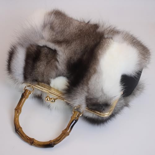Fosrion Real Fox Fur Handbag – Vintage Kisslock Purse with Bamboo Handle, Patchwork from Ethically Sourced Nordic Fur4