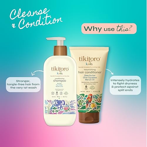 Image of Tikitoro Kids Cleanse & Condition Duo | Nourishing Shampoo & Conditioner Set | Gentle Cleansing, Detangling & Frizz Control | No Parabens & Sulphates (Age 4+) (300ml x 1 and 150ml x 1)