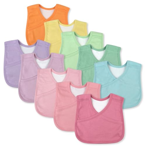 Image of HonestBaby Multipack Reversible 4-in-1 Bibs Absorbent Terry and Knit 100% Organic Cotton Infant Baby Boys, Girls, Unisex, 10-pack Rainbow Pinks, One Size
