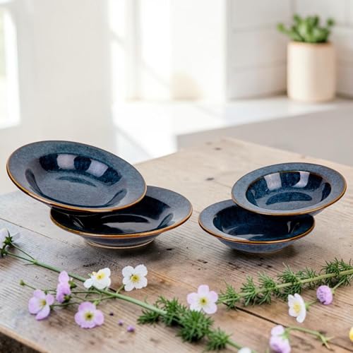 Image of Premium Pasta Plate, Ceramic Plate for Pasta, Round & Deep Dish, Microwave & Dishwasher Safe, Handmade Stoneware, Rustic Blue, Set of 4, 2 Large (9 Inch) & 2 Small (7 Inch)