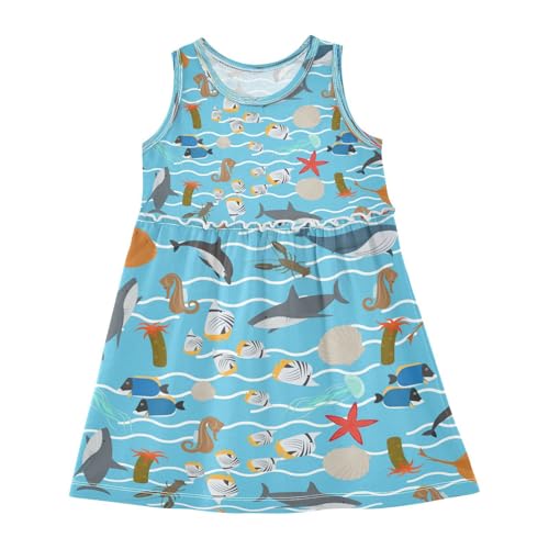 Girls Dress Sea Animals Starfish Shark Sleeveless Dress Summer Cotton Sundress 6Y