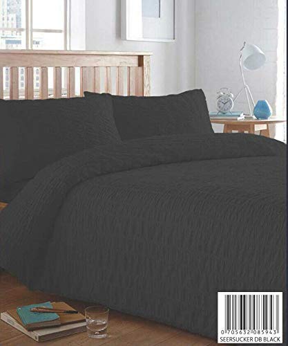 SEERSUCKER STRIPE EASY CARE PUCKERING COTTON RICH DUVET COVER & PILLOWCASE/S BEDDING BED LINEN SET (Black, Double)