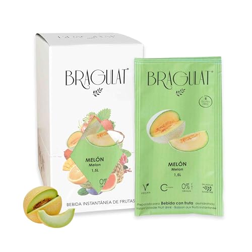 BRAGULAT/Saborizantes de agua Sin Azucar, con fruta deshidratada, Vitamina C y B12, colorantes y sabores naturales (15 Sobres, Melón)