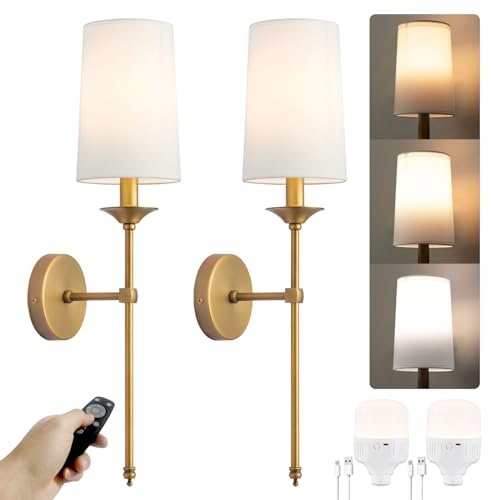 PASSICA DECOR Battery Operated Wall Sconce Set of Two,Modern with Remote Control Dimmable Wall Lighting Indoor, Not Hardwired Led Wall Lamp Fixtures for Bedroom, Bulb Included…