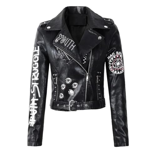 Women PU Rivet Zipper Jacket Shoulder Badge Motorcycle Punk Rock Leather Coat