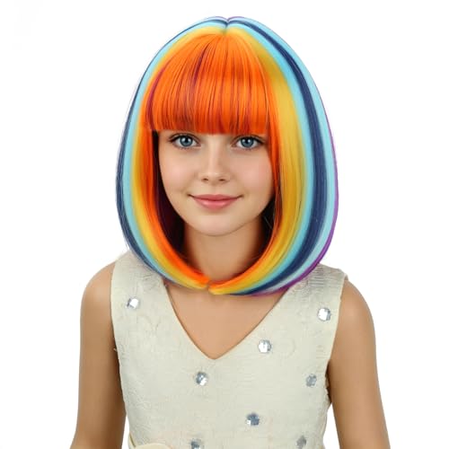 Image of PATTNIUM Colorful Bob Wig Short Rainbow Straight Wig with Bangs Cosplay Party Synthetic Rose Net Daily Wear Wig