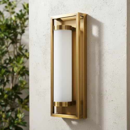 Hyunbae Outdoor Wall Sconce, Mid Century Modern Outdoor Wall Light Fixtures, 15W Dimmable LED Exterior Lights for House Patio Porch Garage Entryway Doorway, Brass, 3000K