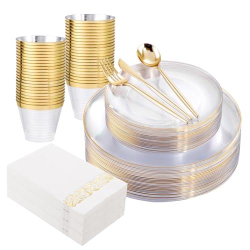 MirthMood 350Pcs Clear and Gold plates,Christmas plates, Plastic Plates for