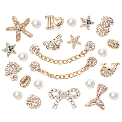 Arrebolli 24Pcs Ocean Theme Bling Shoe Charms for Women Sandals 2 Shoe Chains Gold Mermaid Starfish Shell Pearl Accessories Charms for Girls Party Favor