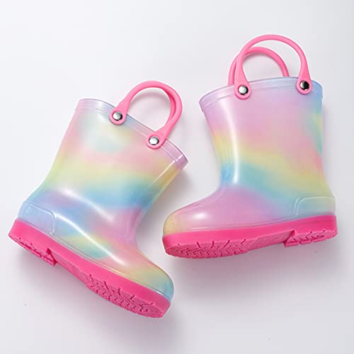 Kids Rain Boots Rainbow Boys Girls with Easy-on Handles Waterproo𝐟 Boots Outdoor Playing Rain Boots Unisex-Child3