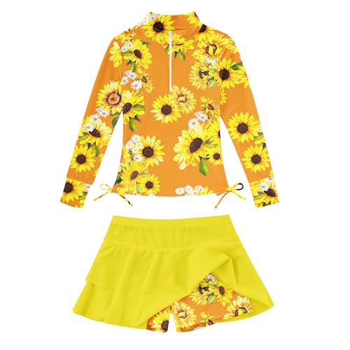 Image of Vogseek 3-12T Girls Rash Guard 2 Pieces Bathing Suit Long Sleeve Swimsuit Swimming Skirt with Shorts Swimwear