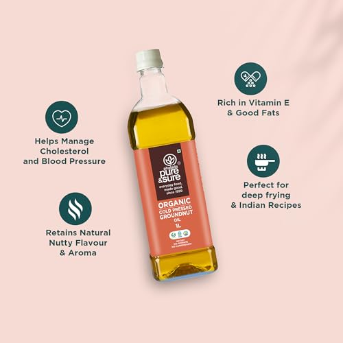Image of Pure & Sure Organic Cold Pressed Groundnut Oil 1 Ltr | Peanut Oil /Sing Tel Edible for Cooking | Extracted on Wooden Churner | Nutrient Rich & Chemical Free