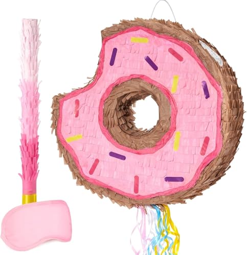 WERNNSAI Donut Pinata – Decorazione di compleanno Piñata Bambina Bambina Rosa Ciambella Piñata con bastone Benda per Occhi Cordino per Festa di Compleanno Pinata Decorazione Divertente Estate Giochi
