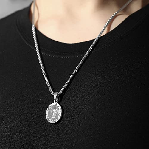 P. BLAKE Oval Saint Christopher/Michael/Joseph/Jude/Virgin Mary/Joseph/Francis/Patrick/Anthony/Benedict/Thomas Necklace for Men Women, Stainless Steel Catholic Patron Pendant with Chain 24 Inches