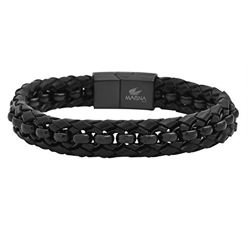 Magna Steel Men's Braided Genuine Leather Rolo Bracelet with Magnet Closure, Black
