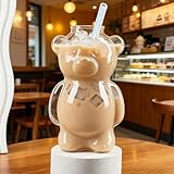 Hakefyna Glass Teddy Bear Cup with Straw - 10 oz Adorable Bear Glass Mug for Coffee, Wine & Cocktails - Cute Honey Straw Cup