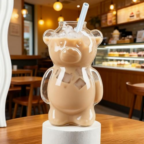 Hakefyna Glass Teddy Bear Cup with Straw - 10 oz Adorable Bear Glass Mug for Coffee Wine & Cocktails - Cute Honey Straw Cup