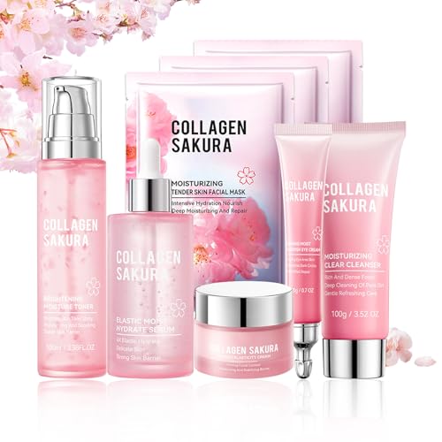 8PCS Sakura Skin Care Set,Hydrating Skincare Gift Set with Facial Cleanser,Face Masks,Facial Serum,Face Cream,Toner and Eye Cream,Deeply Moisturizing Facial Kit for Women and Girls