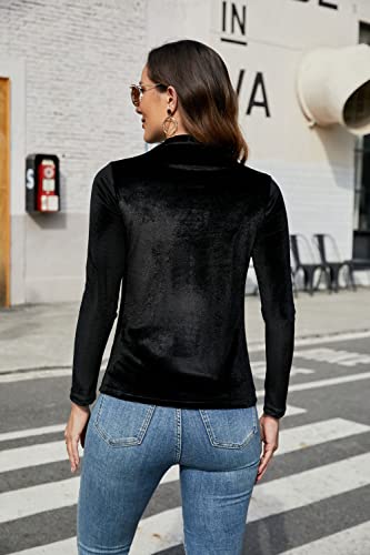 Paodikuai Women's Vintage Velvet Turtleneck Long Sleeve Top Blouse Velour Pullover (A2-Black, Small) #TOP2