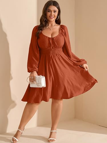 RWJ Women's 2025 Fall Wedding Guest Dresses Long Sleeve Smocked Square Neck Swiss Dot Party Plus Size Mini Dress2