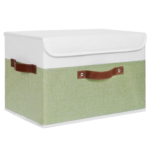 ANMINY Fabric Storage Box Bins with Lids, Green White, 15"x10"x10"