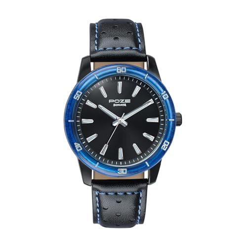 Sonata Poze 7 Analog Black Dial IP Black + Blue Stitch Leather Strap Watch for Men - SP70092KL01W