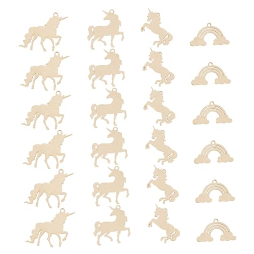 BESTonZON Rodajas de Madera Forma de Unicornio y Arcoíris para Manualidades Diy, Set de 24 Piezas en Color Madera Natural, Ideales para Decoración Infantil, Bricolaje y Arte Creativo