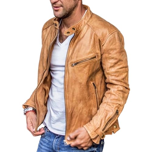 Mens Pu Leather Jacket Vintage Stand Collar Slim Motorcycle Coat Casual Fashion Cafe Racer Jacket (3X-Large,Light Brown 1)