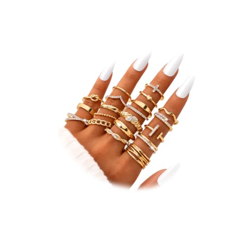 KISS WIFE Gold Stackable Rings for Women, Dainty Knuckle Ring Set, Chunky Statement Thumb Midi Rings, Sparking Rhinestones Finger Rings, Multiple Sizes Jewelry for Daily Wear Party Wedding