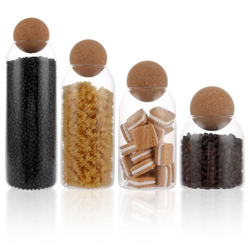 LDXDRU Juego de 4 tarros de cristal con tapa de corcho, 500 + 800 + 1000 + 1300 ml de cristal hermético, para alimentos, cocina, tarros de almacenamiento, para galletas, café, azúcar, especias