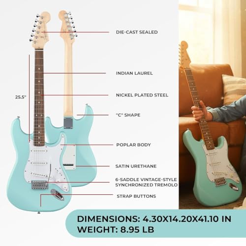 Image of Fender Squier Stratocaster Electric Guitar, Beginner Guitar, with 2-Year Warranty, Includes Free Lessons, Daphne Blue with Matte Finish