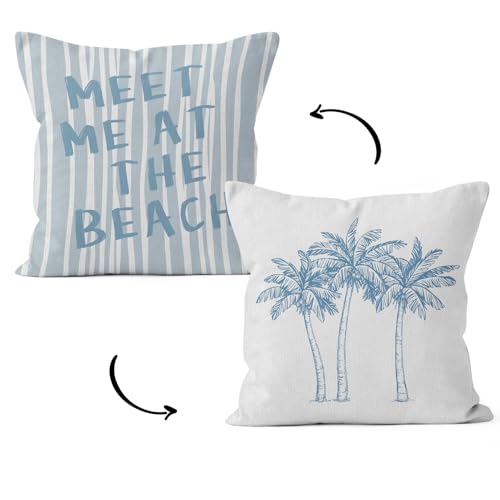 HIWX Tropical Coastal Beach Pillow Covers 18x18 Double-Sided, Coastal Beachy Room Decor Aesthetic, Palm Tree Meet Me at The Beach Decorative Pillow Covers for Couch Bed Home Bedroom Decor