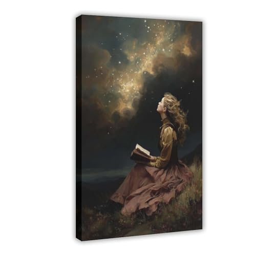 Poster femme lisant sous les étoiles toile pour habiller un mur vide